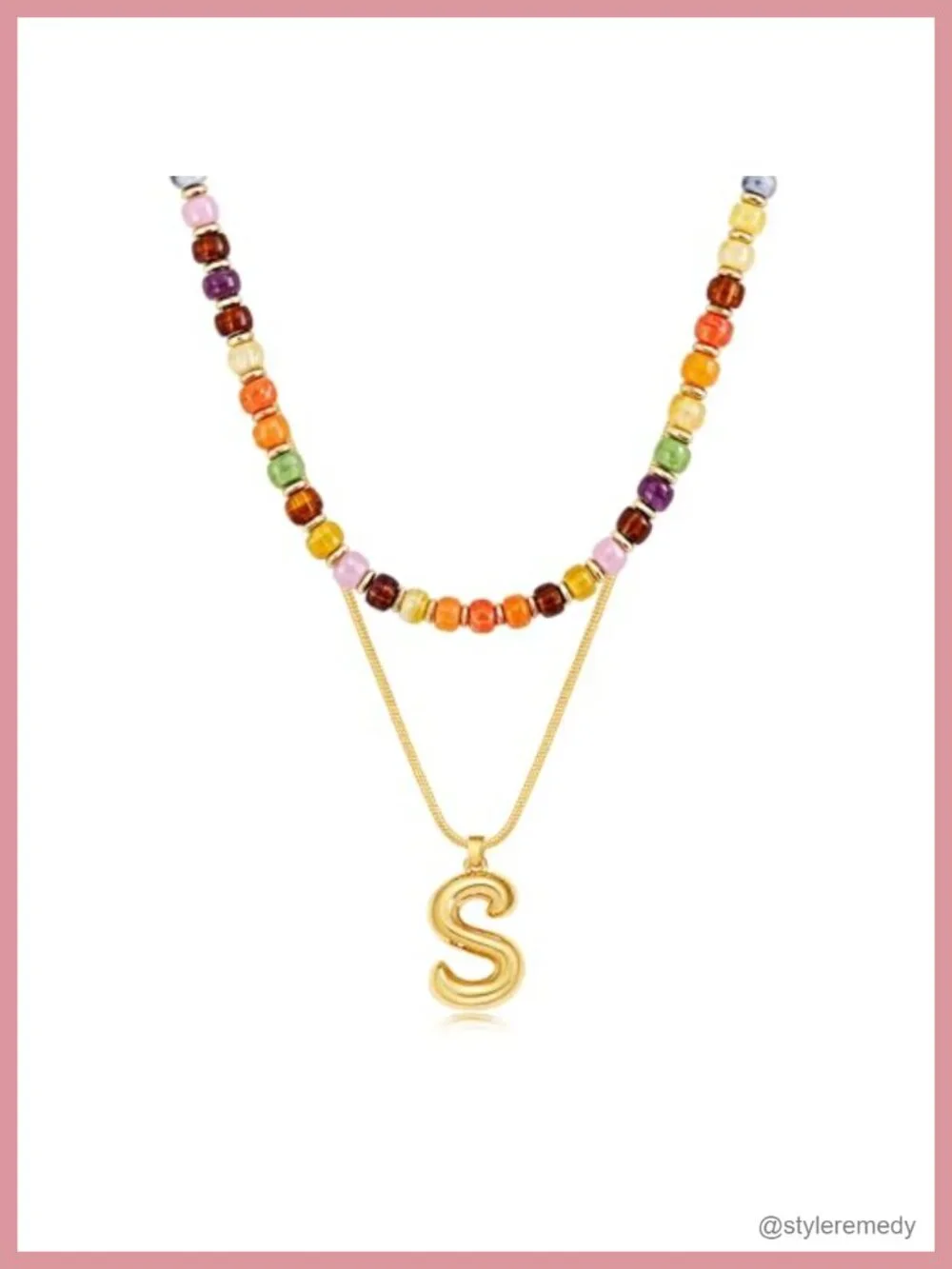 2-in-1 Layered Initial Choker with Beaded Necklace, Gold Plated Bubble Letter